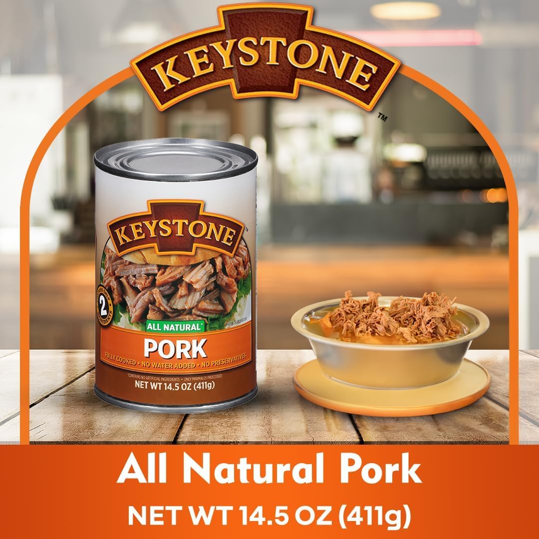 Keystone Meats 24 Cans Variety Pack – All Natural Fully Cooked Canned Meat (6 Beef, 4 Chicken, 4 Turkey, 4 Pork –14.5 oz | 6 Ground Beef –14 oz) – Pantry Staple, Emergency, Camping 5 Years Shelf Life