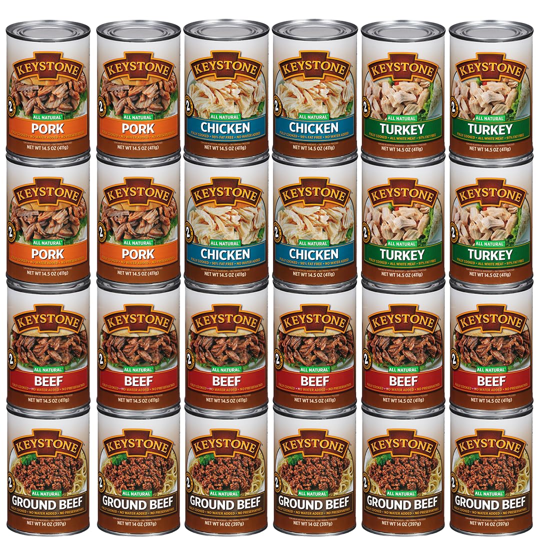 Keystone Meats 24 Cans Variety Pack – All Natural Fully Cooked Canned Meat (6 Beef, 4 Chicken, 4 Turkey, 4 Pork –14.5 oz | 6 Ground Beef –14 oz) – Pantry Staple, Emergency, Camping 5 Years Shelf Life
