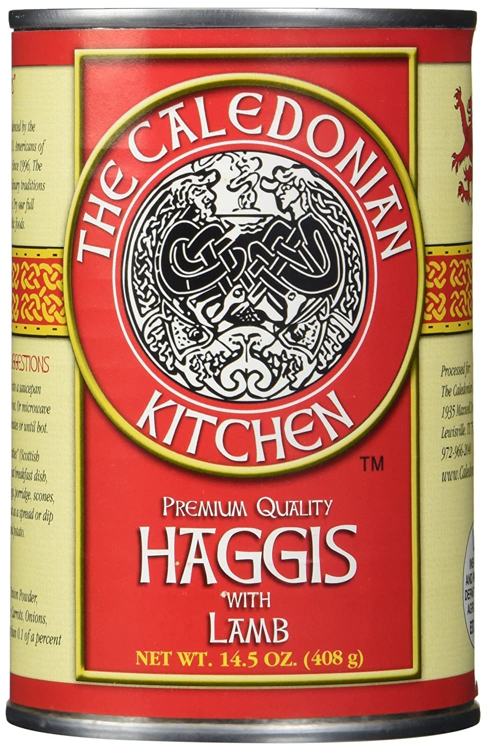  close-up of the label on the can of Caledonian Kitchen Haggis with Lamb.