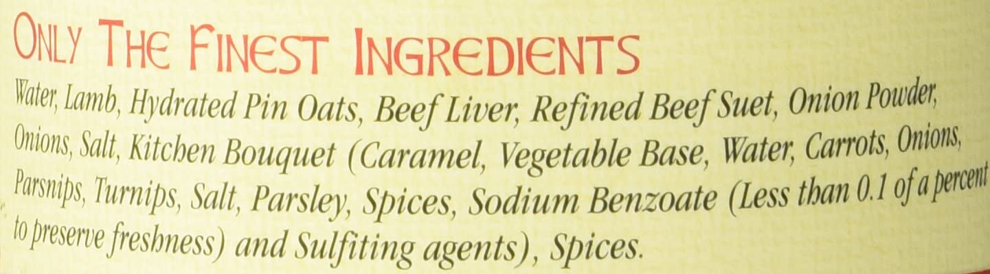 The ingredients list for Caledonian Kitchen Haggis with Lamb.