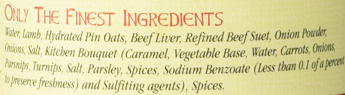 The ingredients list for Caledonian Kitchen Haggis with Lamb.