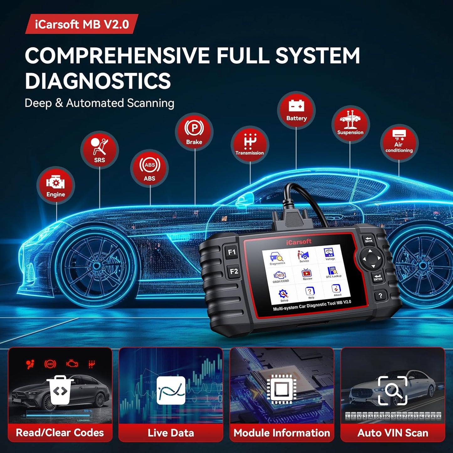 iCarsoft MB V2.0 for Mercedes Benz OBD2 Scanner, Full System Diagnostic Scan Tool, 8 Resets Auto VIN, Oil/SAS/EPB/ETC/DP-F/BLD/INJ/SAS/TPMS, Free Update, Automotive Code Reader with Battery Test