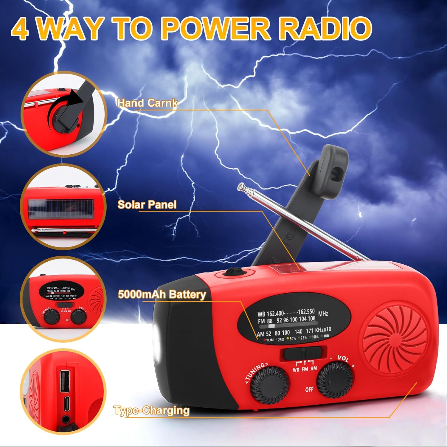 Emergency Weather Radio with AM/FM/NOAA Reception, Hand Crank Operation, LED Flashlight, Portable Radio for Camping & Emergency Preparedness