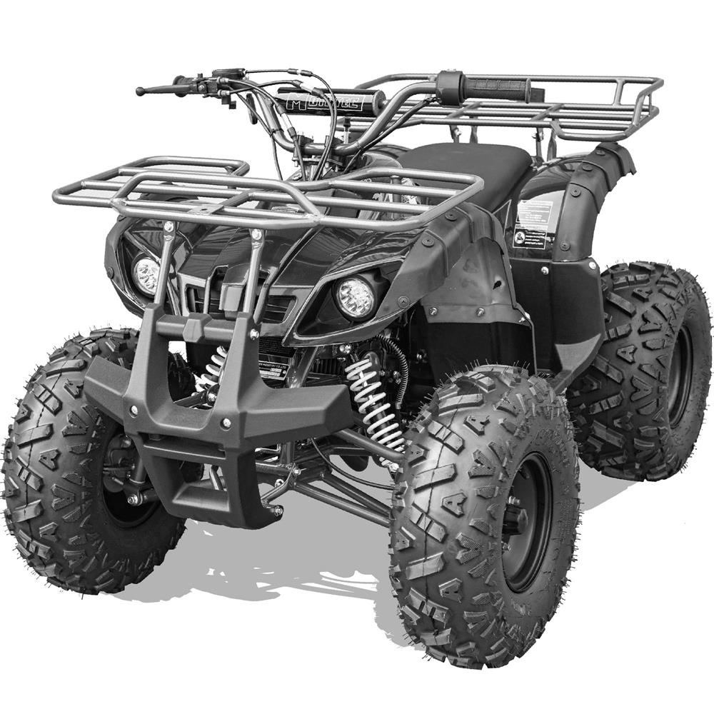 ATV in black color with red accents. It has a rear rack and a parent remote control kill switch.