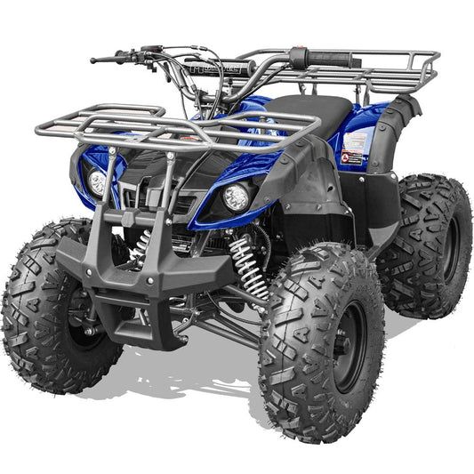 The MotoTec Bull 125cc 4-Stroke Kids Gas ATV Blue in blue, parked on a dirt trail.