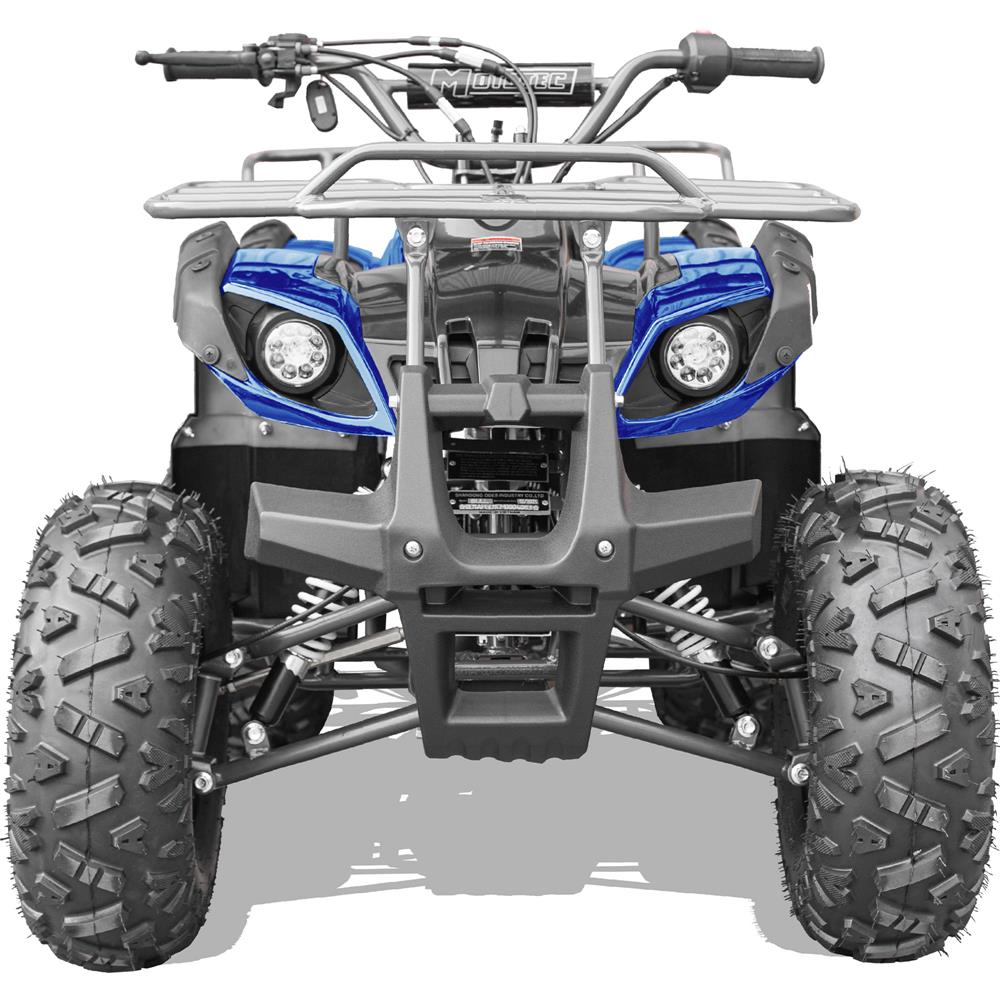 The MotoTec Bull 125cc 4-Stroke Kids Gas ATV Blue's front tire, with the MotoTec logo prominently displayed.