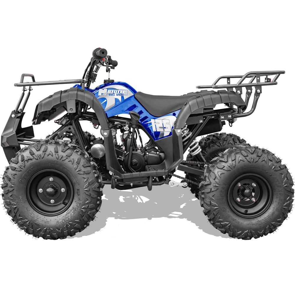The MotoTec Bull 125cc 4-Stroke Kids Gas ATV Blue's handlebars, with the throttle and brake levers clearly visible.