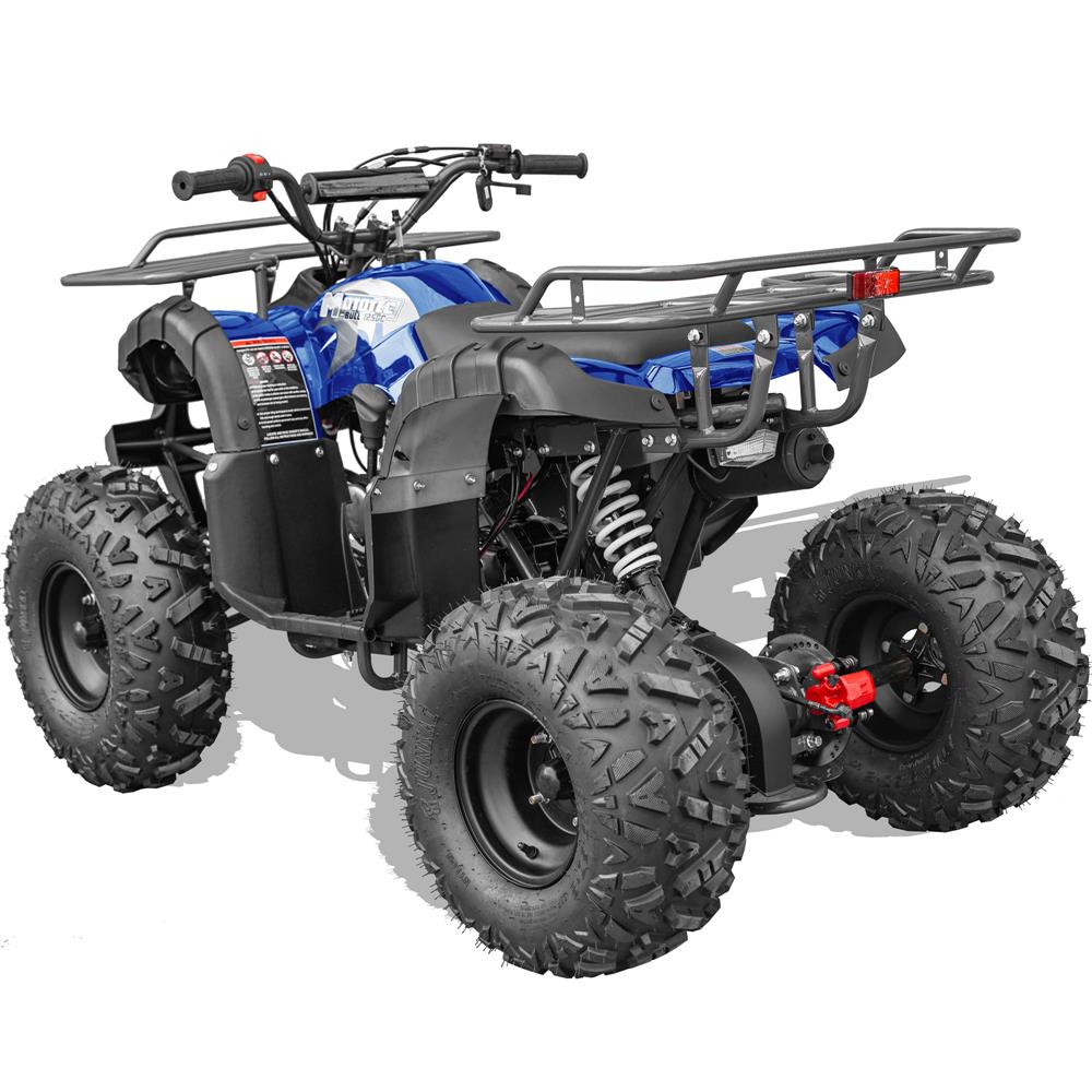 The MotoTec Bull 125cc 4-Stroke Kids Gas ATV Blue's rear tire, with the rear brake drum visible.