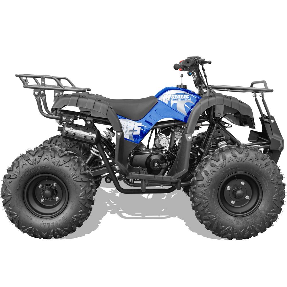 The MotoTec Bull 125cc 4-Stroke Kids Gas ATV Blue's suspension, with the front and rear shocks clearly visible.