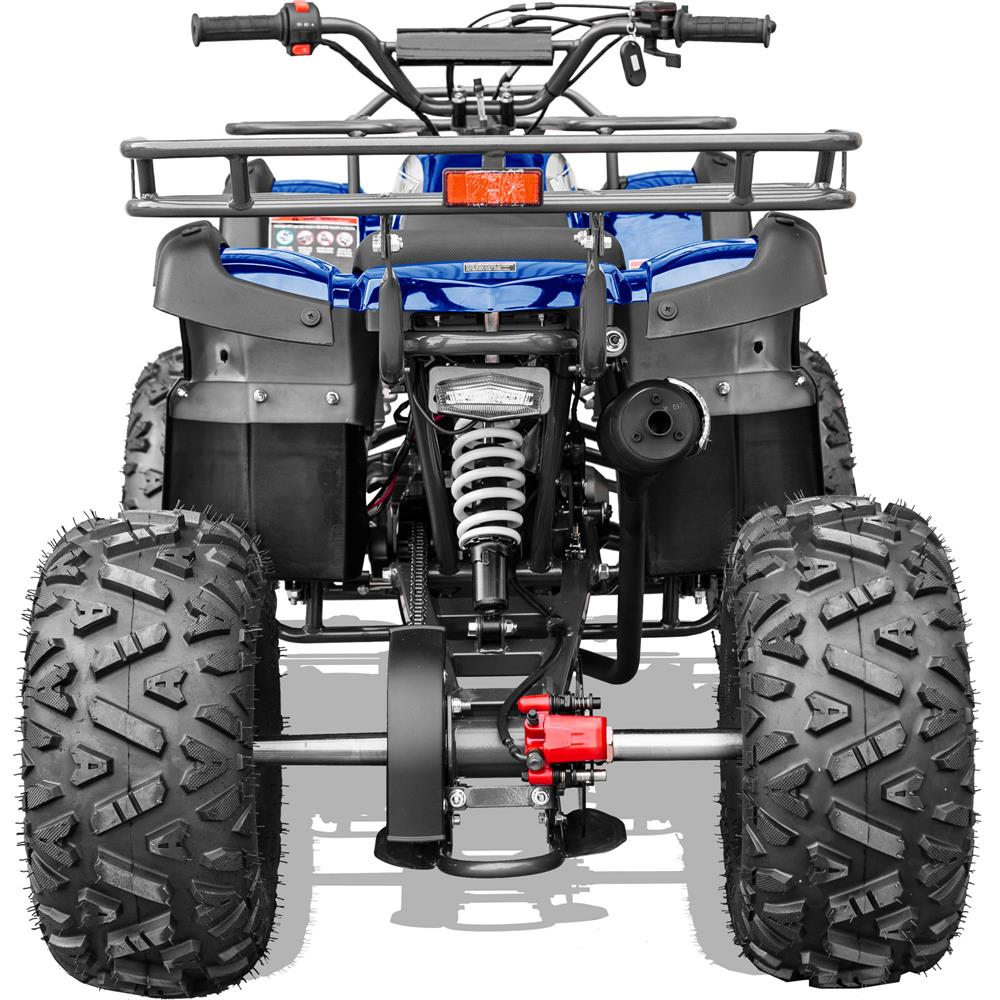 The MotoTec Bull 125cc 4-Stroke Kids Gas ATV Blue's exhaust pipe, with the muffler clearly visible.
