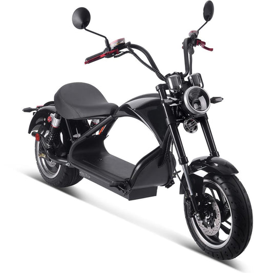 A black electric scooter with a front headlight, handlebars, and a seat.