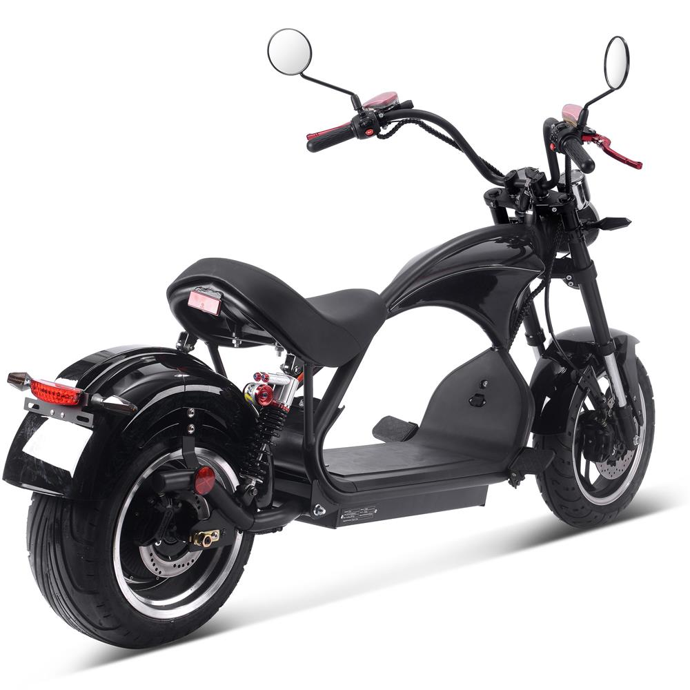 A black electric scooter with a powerful hub motor and a large lithium battery. The scooter has front and rear LED lights, a speedometer, and front and rear blinkers. It also has hydraulic brakes and large tires.