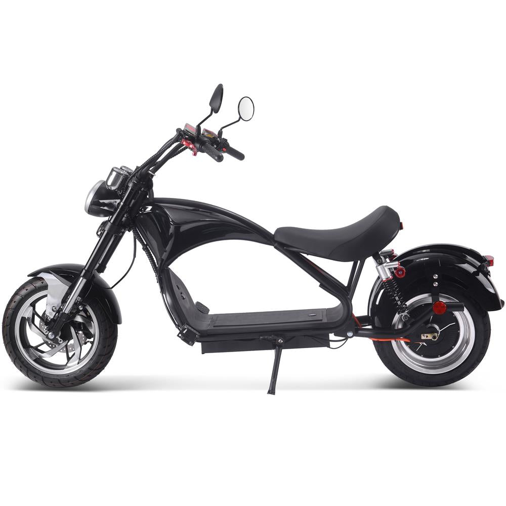 A black electric scooter with a powerful hub motor and a large lithium battery. The scooter has front and rear LED lights, a speedometer, and front and rear blinkers. It also has hydraulic brakes and large tires.