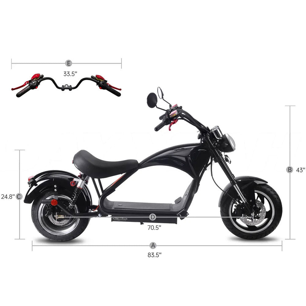 A black electric scooter with a powerful hub motor and a large lithium battery. The scooter has front and rear LED lights, a speedometer, and front and rear blinkers. It also has hydraulic brakes and large tires.