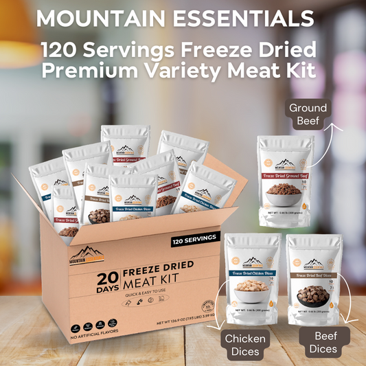 Mountain Essentials 120-Serving Freeze-Dried Meat Kit (Pack of 12) - Emergency Food Supply - Long Shelf Stable