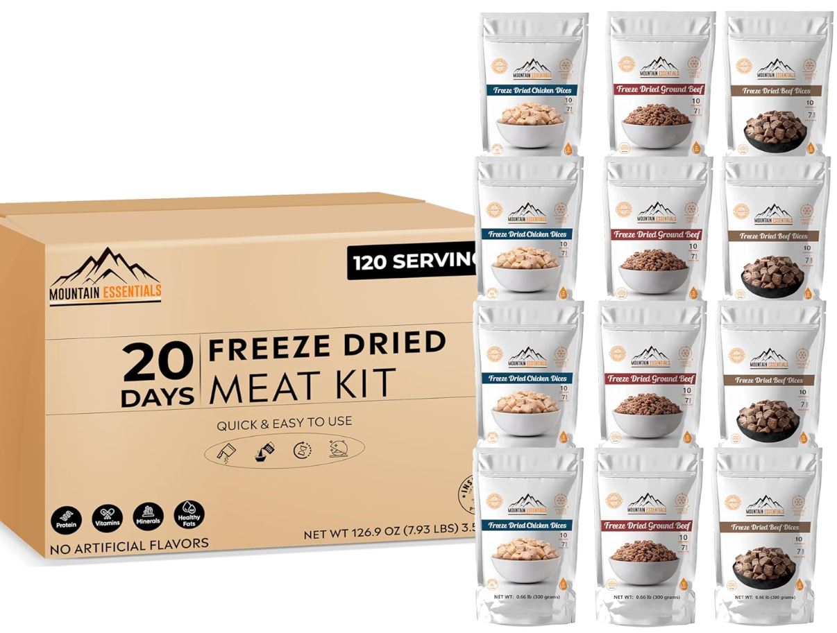 Mountain Essentials 120-Serving Freeze-Dried Meat Kit (Pack of 12) - Emergency Food Supply - Long Shelf Stable
