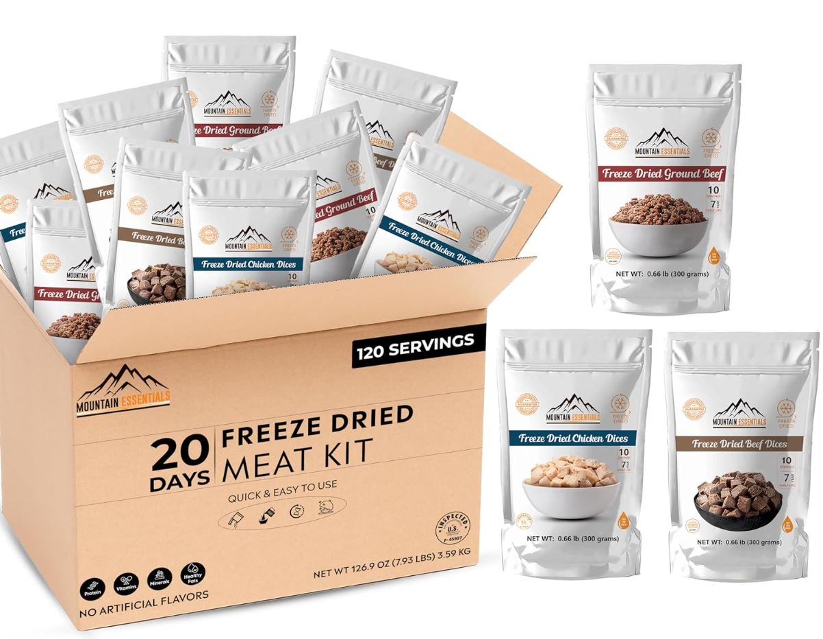 Mountain Essentials 120-Serving Freeze-Dried Meat Kit (Pack of 12) - Emergency Food Supply - Long Shelf Stable