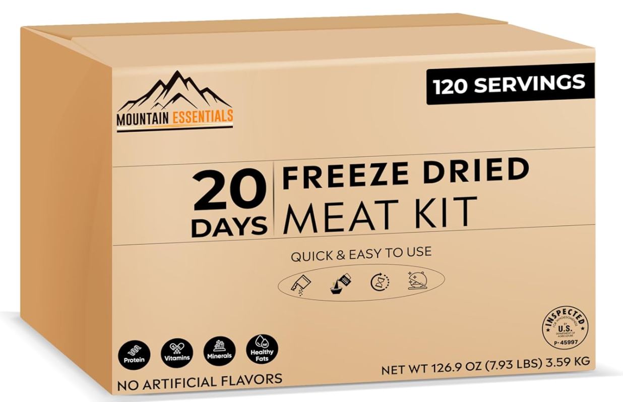 Mountain Essentials 120-Serving Freeze-Dried Meat Kit (Pack of 12) - Emergency Food Supply - Long Shelf Stable