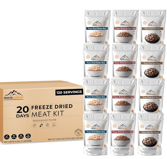 Mountain Essentials 120-Serving Freeze-Dried Meat Kit (Pack of 12) - Emergency Food Supply - Long Shelf Stable