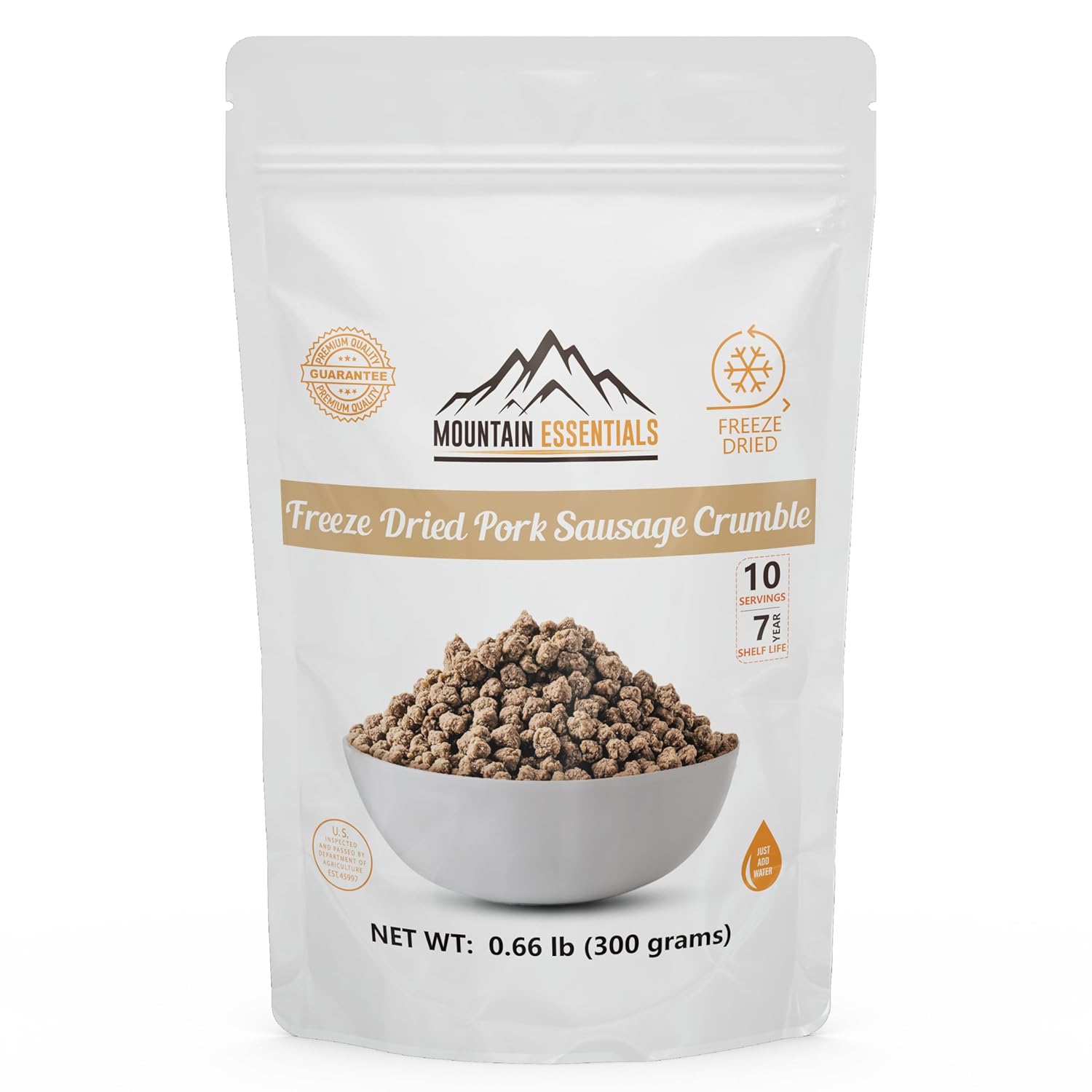 MOUNTAIN ESSENTIALS Freeze-Dried Pork Sausage Crumble – Fully Cooked & Ready to Eat | Traditional Flavor | Premium Quality Everyday Meals, Camping & Emergency Survival Food | 10 Servings | Made in USA