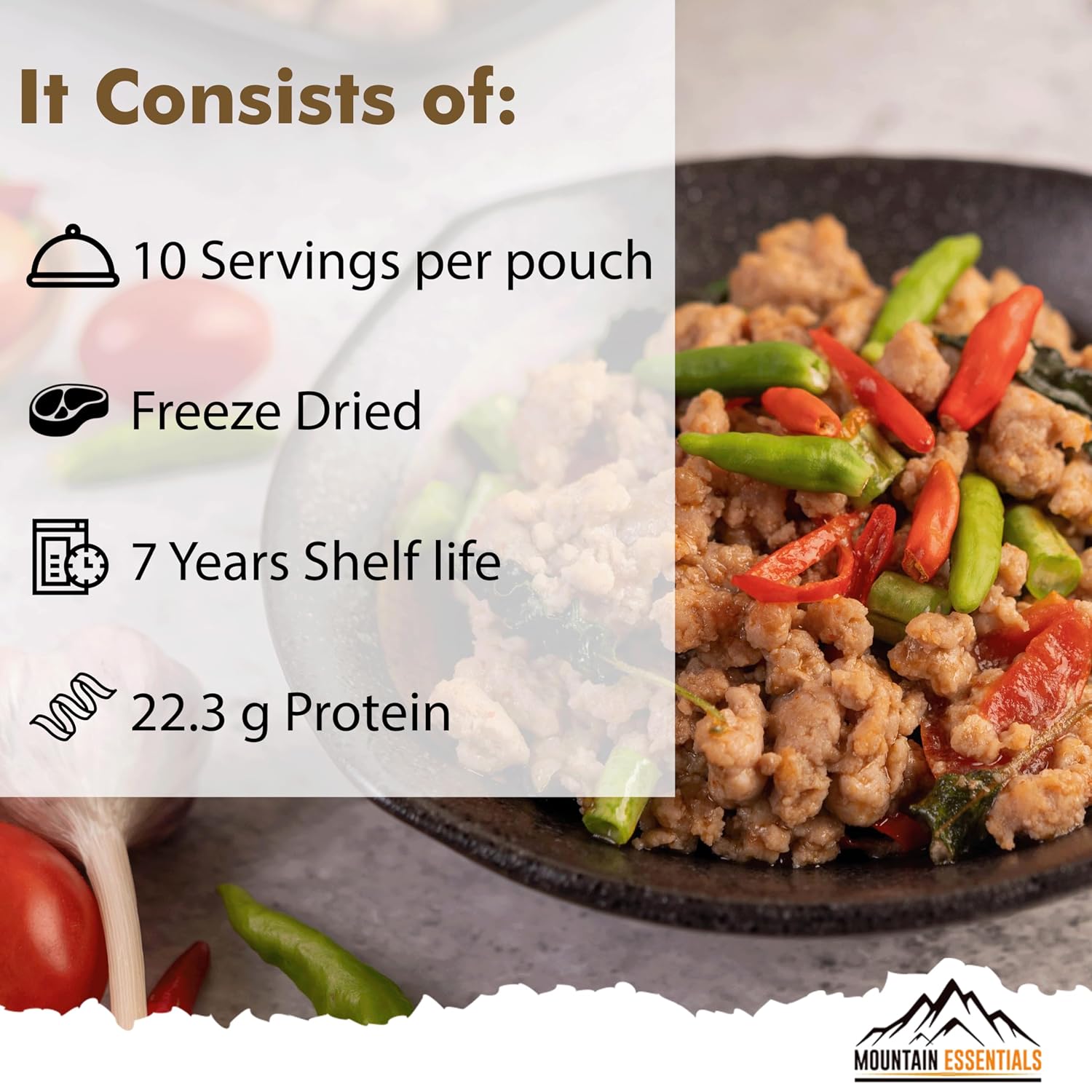 MOUNTAIN ESSENTIALS Freeze-Dried Pork Sausage Crumble – Fully Cooked & Ready to Eat | Traditional Flavor | Premium Quality Everyday Meals, Camping & Emergency Survival Food | 10 Servings | Made in USA