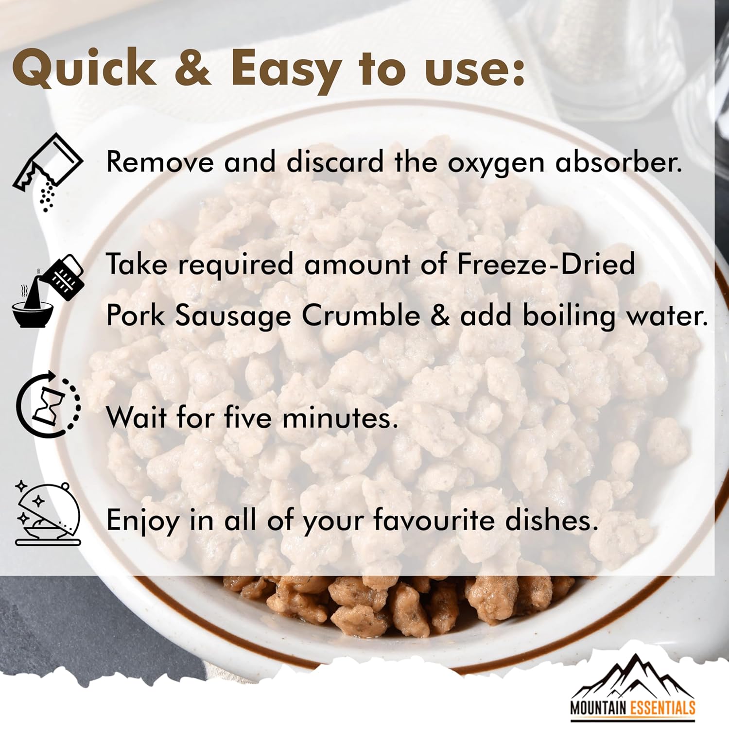 MOUNTAIN ESSENTIALS Freeze-Dried Pork Sausage Crumble – Fully Cooked & Ready to Eat | Traditional Flavor | Premium Quality Everyday Meals, Camping & Emergency Survival Food | 10 Servings | Made in USA