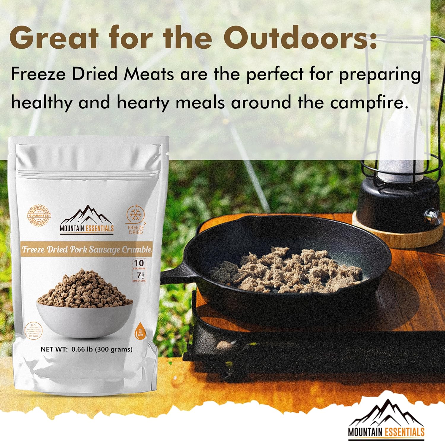 MOUNTAIN ESSENTIALS Freeze-Dried Pork Sausage Crumble – Fully Cooked & Ready to Eat | Traditional Flavor | Premium Quality Everyday Meals, Camping & Emergency Survival Food | 10 Servings | Made in USA