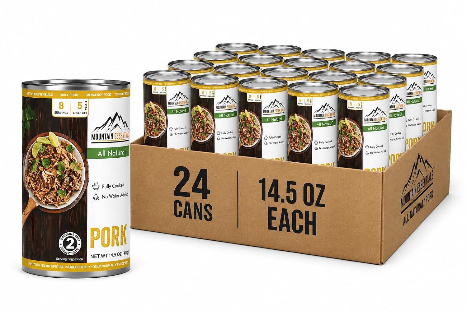 MOUNTAIN ESSENTIALS Canned Pork 14.5 oz – 12g Protein per Serving (8 Servings per Can, 48 Total Servings) – Fully Cooked, Ready to Eat – Pantry Staple Meat for Everyday Meals