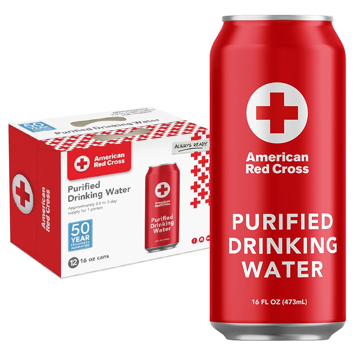 American Red Cross Emergency Purified Drinking Water, Case of 12, 50-Year Shelf Life, Hermetically Sealed Aluminum Cans, BPA-Free, 2.5–5 Day Supply Per Person, Emergency & Everyday Preparedness