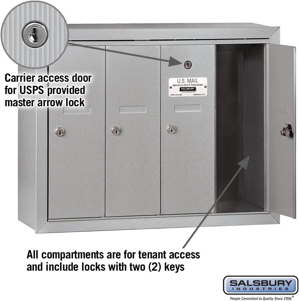 Salsbury Industries Vertical Mailbox - 4 Doors - Aluminum - Surface Mounted - USPS Access (Model 3504ASU)