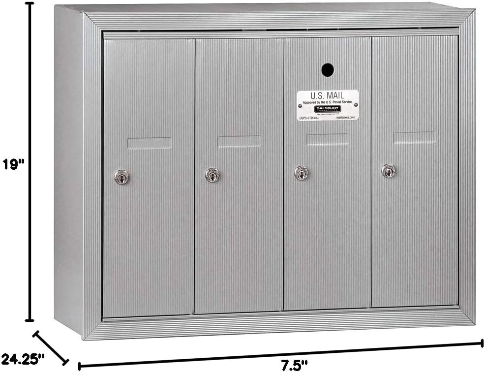 Salsbury Industries Vertical Mailbox - 4 Doors - Aluminum - Surface Mounted - USPS Access (Model 3504ASU)