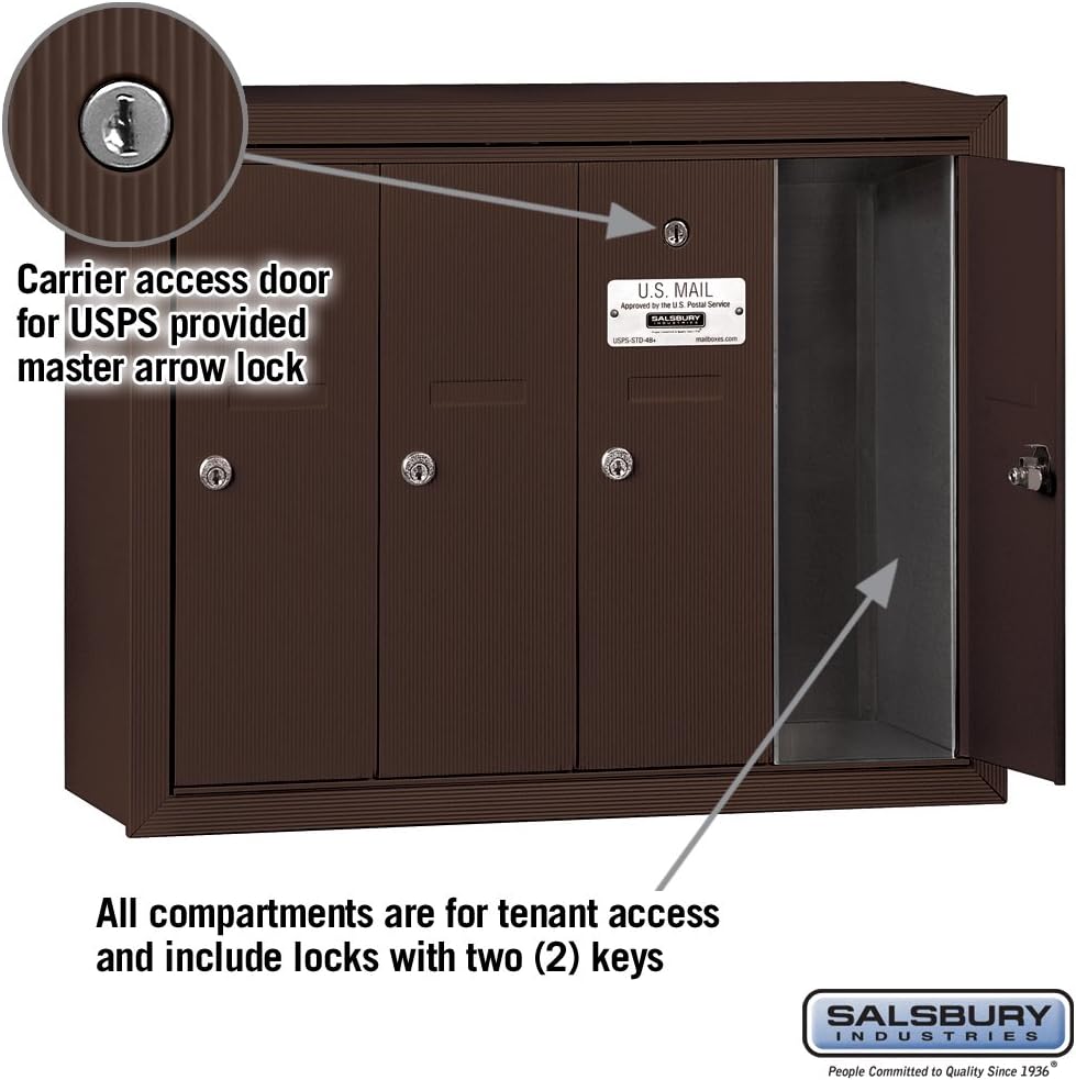 Salsbury Industries Vertical Mailbox - 4 Doors - Aluminum - Surface Mounted - USPS Access (Model 3504ASU)