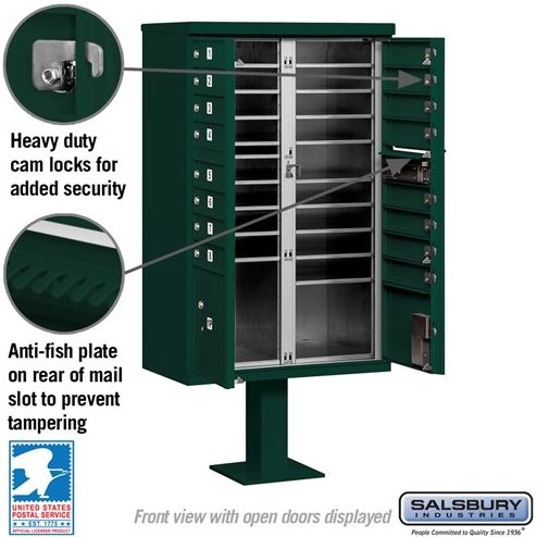 Salsbury 16 Door Cluster Mailbox A Size, USPS Type III Cluster Box Unit, Green - 3316GRN-U