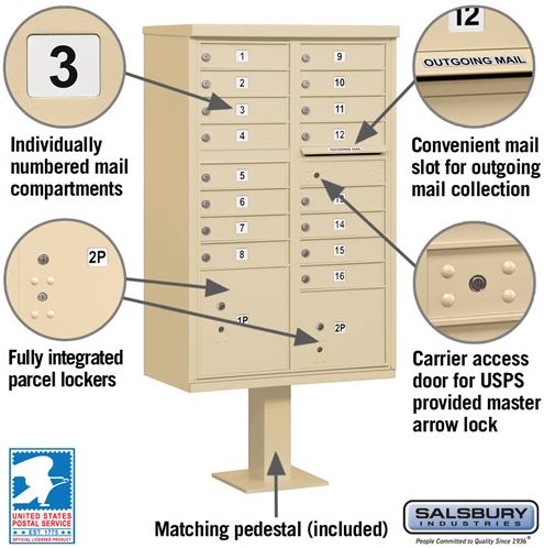 Salsbury Industries 3316SAN-U Cluster Box Unit 16 A Size Doors Type III - Sandstone