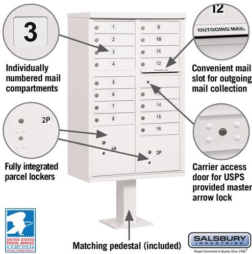 Salsbury Cluster Box Unit with 16 Doors and 2 Parcel Lockers (3316WHT-U) in White with USPS Access – Type III