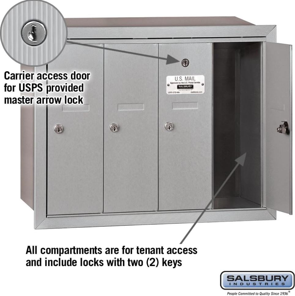 Salsbury 3504ARU Recessed Mounted 4 Door Vertical Mailbox and USPS Access, Aluminum