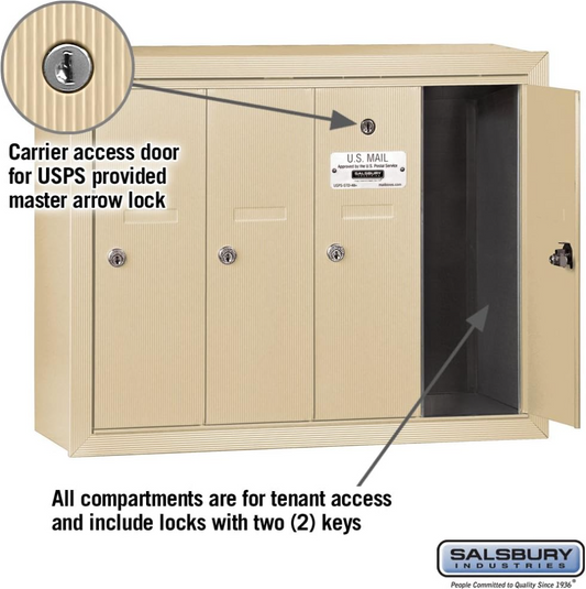 Salsbury Industries 3504SSU Surface Mounted Vertical Mailbox with USPS Access and 4 Doors, Sandstone