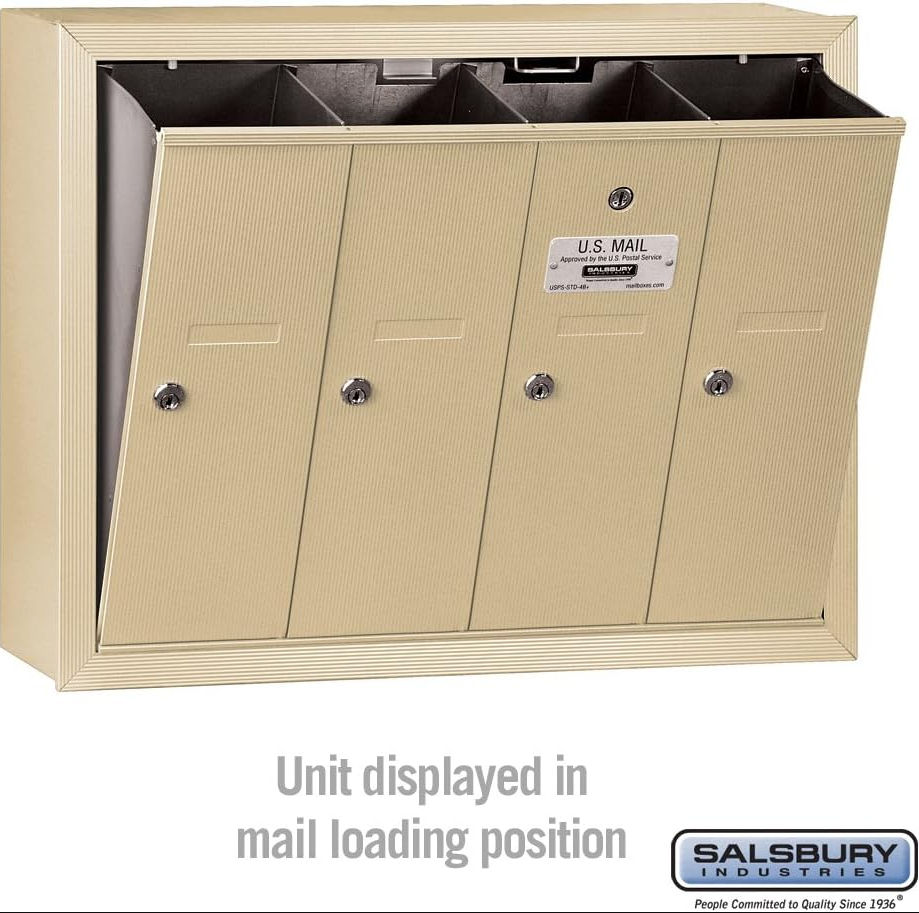 Salsbury Industries 3504SSU Surface Mounted Vertical Mailbox with USPS Access and 4 Doors, Sandstone