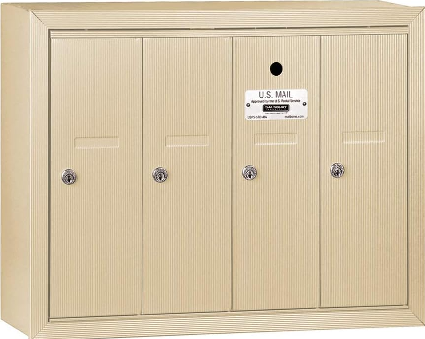 Salsbury Industries 3504SSU Surface Mounted Vertical Mailbox with USPS Access and 4 Doors, Sandstone