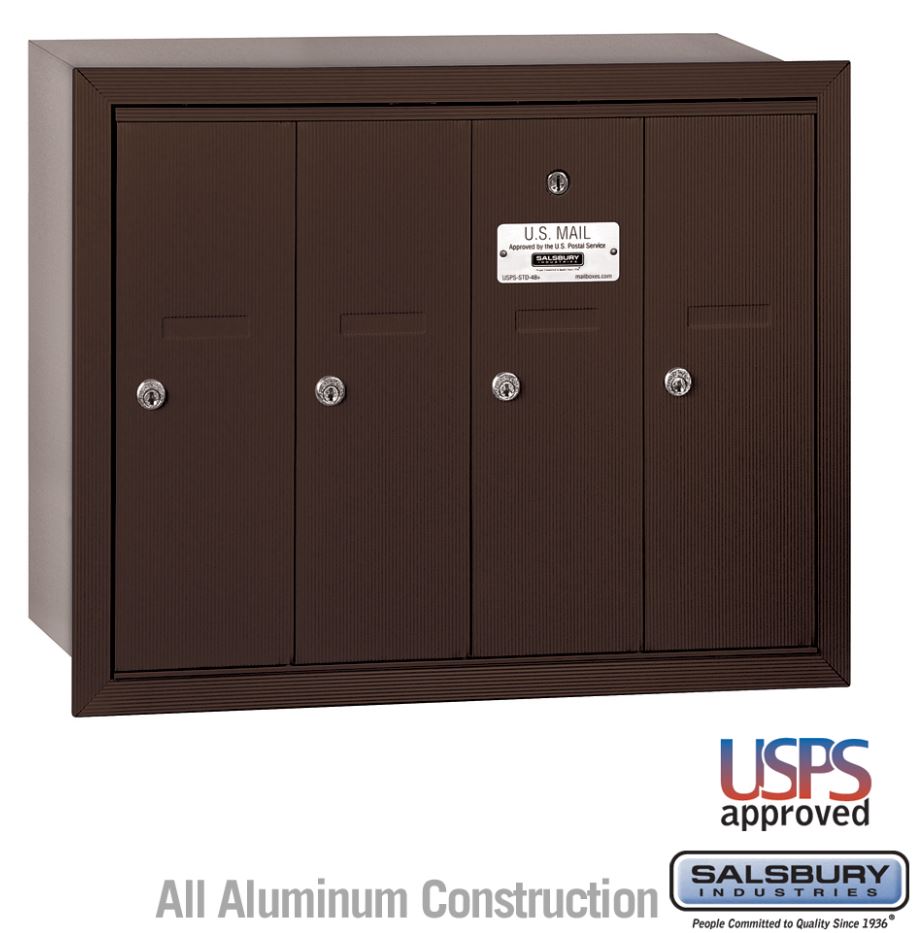 Salsbury Industries 3504ZRU Recessed Mounted Vertical Mailbox with USPS Access and 4 Doors, Bronze