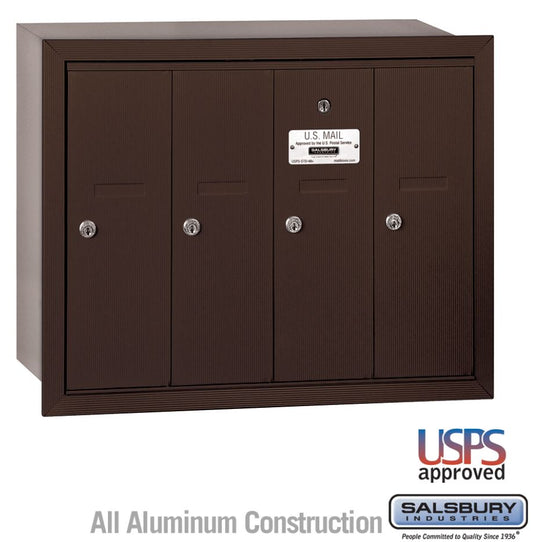 Salsbury Industries 3504ZRU Recessed Mounted Vertical Mailbox with USPS Access and 4 Doors, Bronze