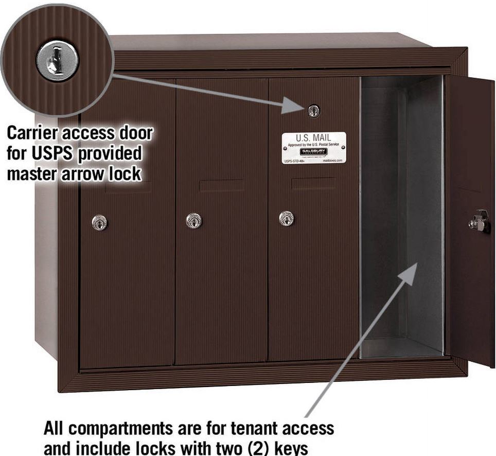 Salsbury Industries 3504ZRU Recessed Mounted Vertical Mailbox with USPS Access and 4 Doors, Bronze