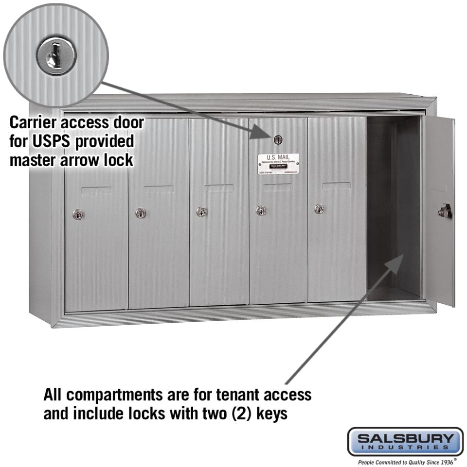 Salsbury 3506ASU Surface Mounted 6 Door Vertical Mailbox and USPS Access, Aluminum
