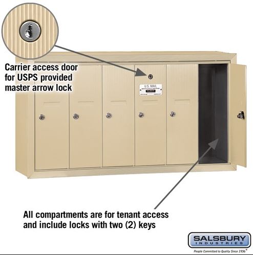 Salsbury 3506SSU Surface Mounted 6 Door Vertical Mailbox with USPS Access, Sandstone