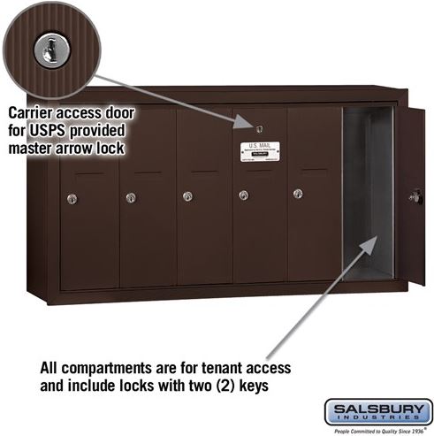 Salsbury 6 Door Vertical Mailbox - Bronze - Surface Mounted - USPS Access (3506ZSU)