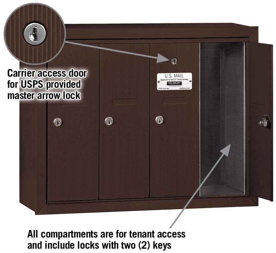 Salsbury 4 Door Vertical Mailbox 3504ZSU - Surface Mounted - USPS Access