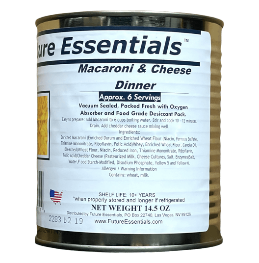 Future Essentials canned Macaroni and Cheese Each #2.5 / 14 oz. can contains 6 servings which is the equivalent to 2 boxes of Mac & Cheese.