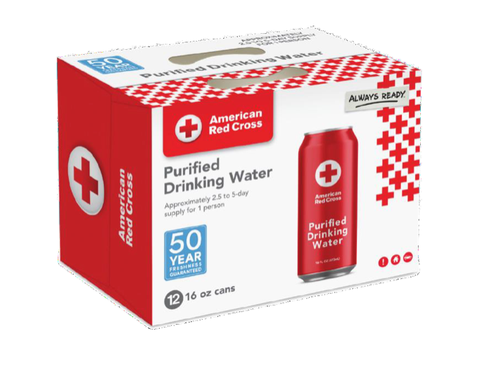 American Red Cross Water Pallet of 144 cases, each case 12 Cans - 16oz, 50 year shelf life