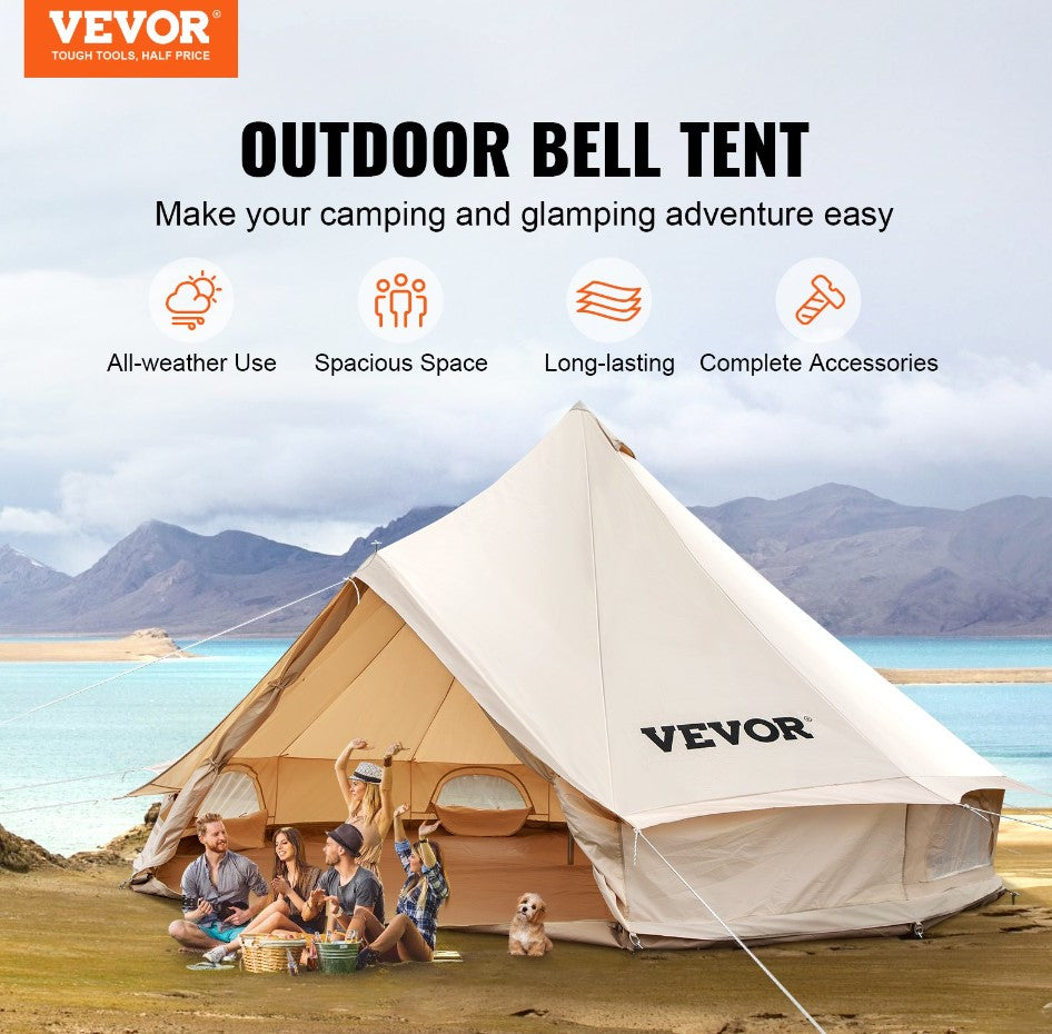 VEVOR Canvas Bell Tent, 4 Seasons Breathable 100% Cotton Canvas Yurt Tent - w/Stove Jack, Luxury Glamping Tent Waterproof Canvas Tents for Family Camping Outdoor Hunting Party