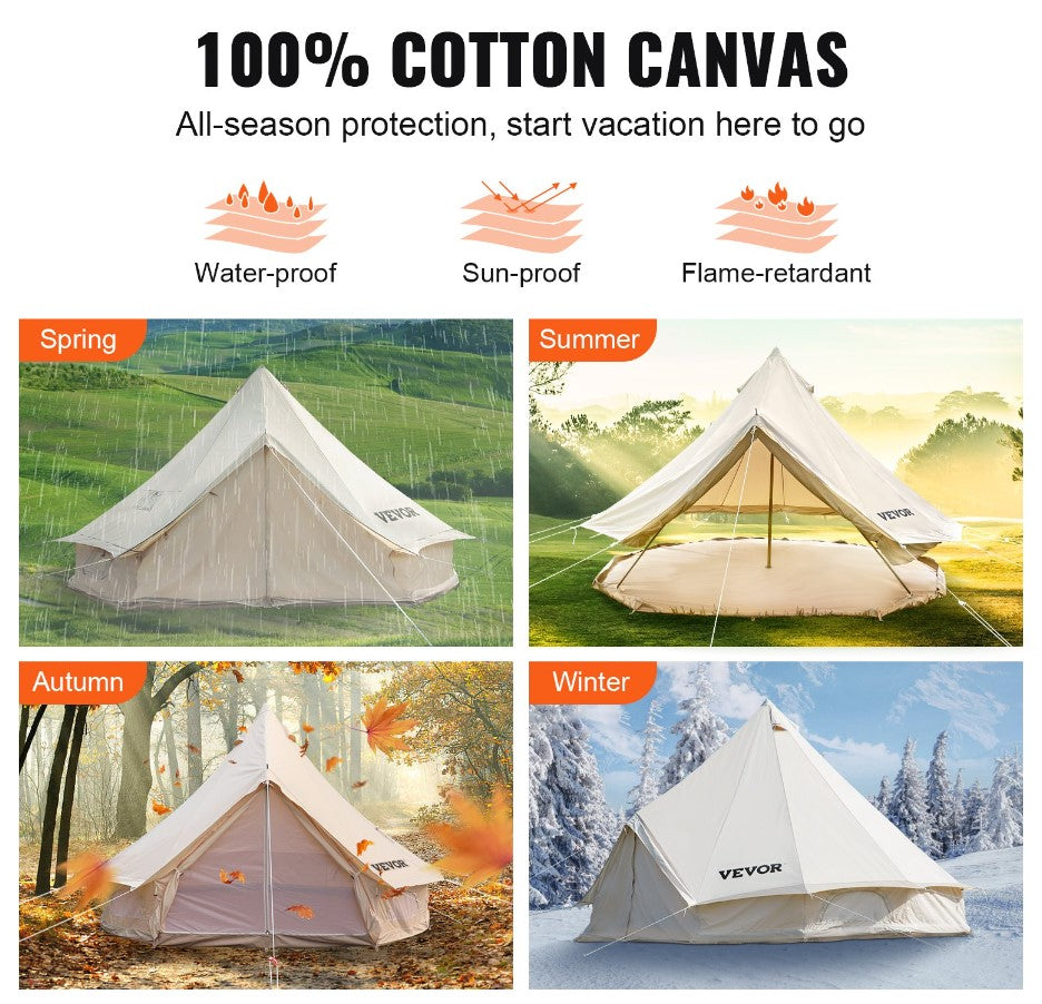 VEVOR Canvas Bell Tent, 4 Seasons Breathable 100% Cotton Canvas Yurt Tent - w/Stove Jack, Luxury Glamping Tent Waterproof Canvas Tents for Family Camping Outdoor Hunting Party